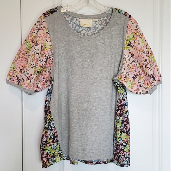 Maeve by Anthropologie Suzanne Puff Short Sleeve Mixed Floral Gray Top XL - Picture 2 of 10